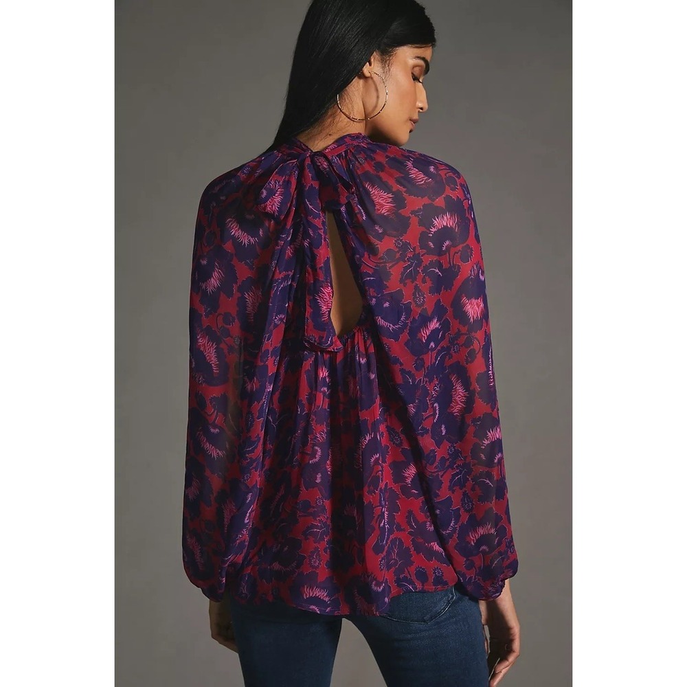 Maeve Anthropologie Blouse Womens XL Pink Purple Great Floral Open Back Tie Neck